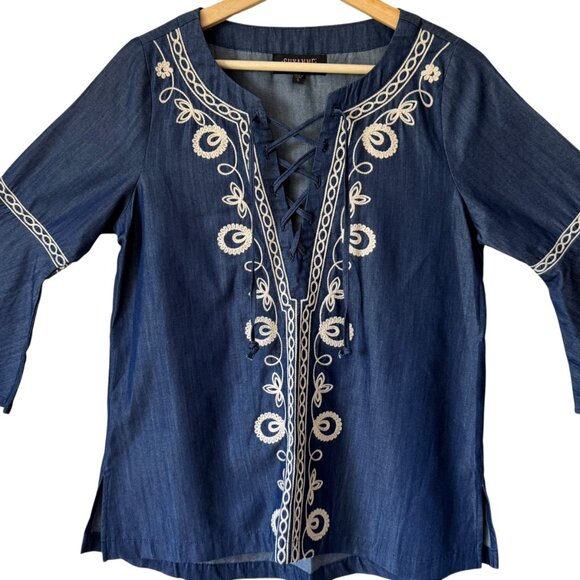 Shyanne Sm Top Tunic Boho Western Festival 3/4 Sleeve Lace Up V Neck Embroidered - Picture 4 of 16